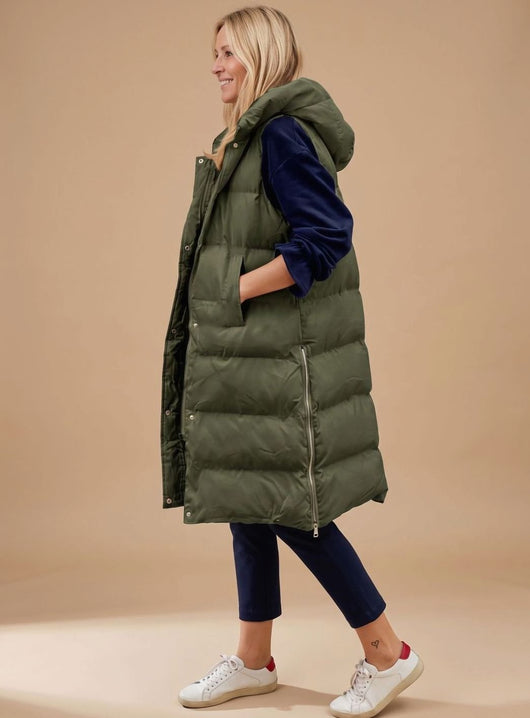 Elfriede | Lange gewatteerde dames bodywarmer met capuchon