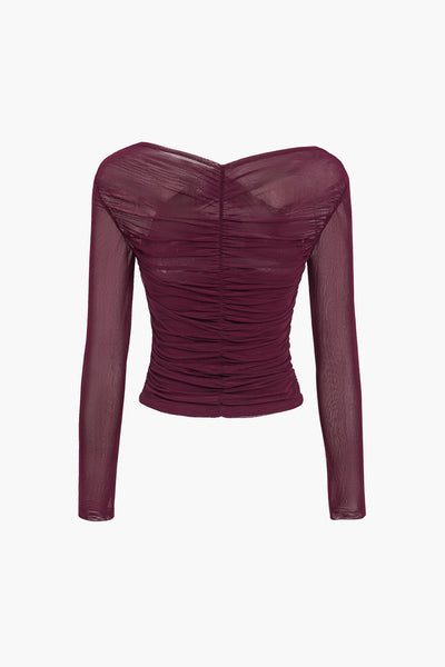 Susanne | Dames meshtop met ruches en lange mouwen