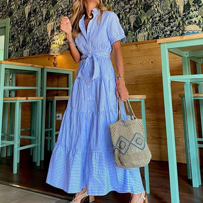 Luisa | Dames gestreepte maxi blousejurk met polokraag en ceintuur