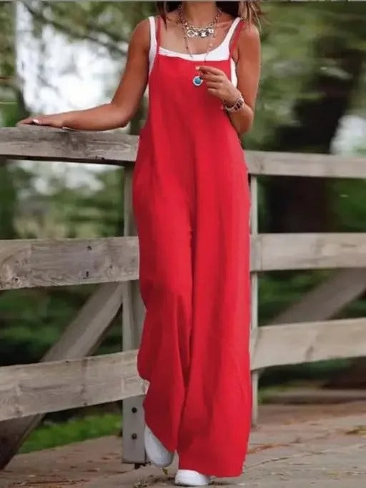 Elfriede | Linnen dames tuinbroekjumpsuit met wijde pijpen en bandjes