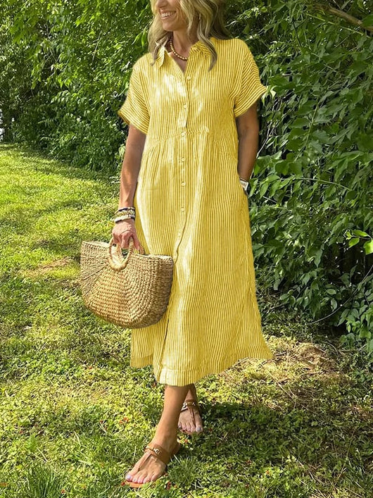Greta | Dames gestreepte midi-jurk met knoopsluiting