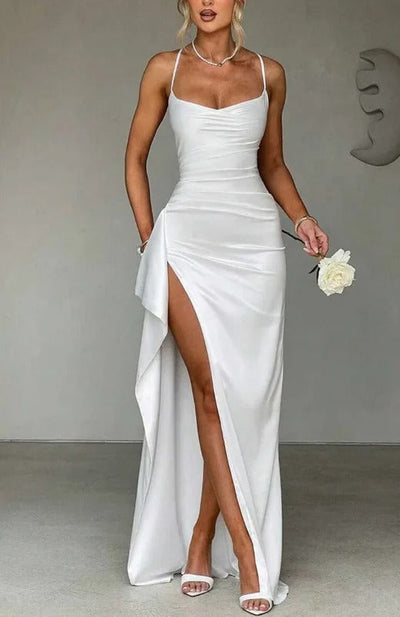 Mia | Dames satijnen bodycon maxijurk met sweetheart-hals, drapering en split