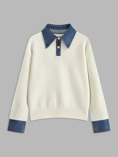 Amelie | Dames 2-in-1 gebreide trui met denimkraag en metalen knopen