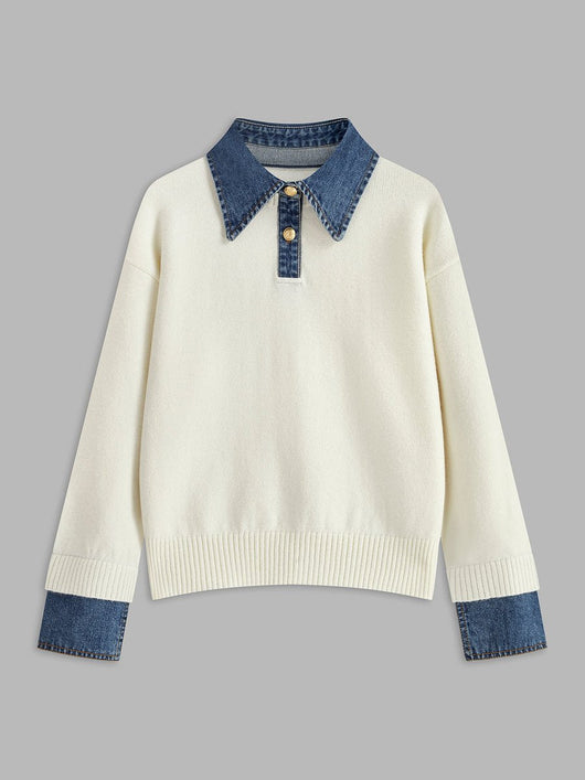 Amelie | Dames 2-in-1 gebreide trui met denimkraag en metalen knopen