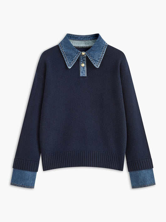 Amelie | Dames 2-in-1 gebreide trui met denimkraag en metalen knopen