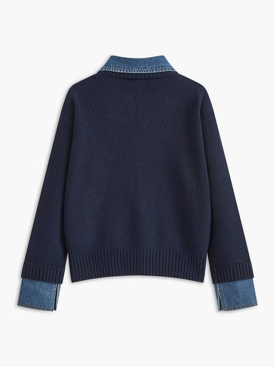 Amelie | Dames 2-in-1 gebreide trui met denimkraag en metalen knopen