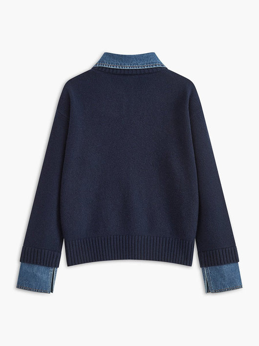 Amelie | Dames 2-in-1 gebreide trui met denimkraag en metalen knopen