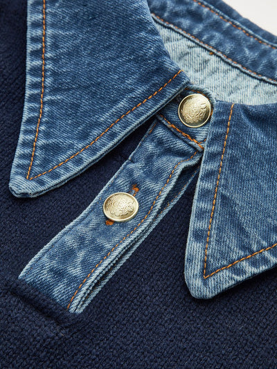 Amelie | Dames 2-in-1 gebreide trui met denimkraag en metalen knopen