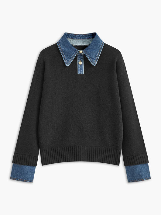 Amelie | Dames 2-in-1 gebreide trui met denimkraag en metalen knopen