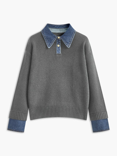 Amelie | Dames 2-in-1 gebreide trui met denimkraag en metalen knopen