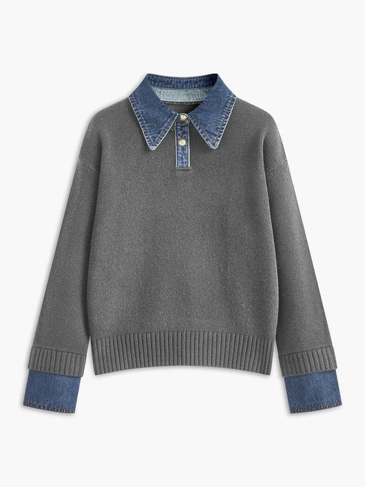 Amelie | Dames 2-in-1 gebreide trui met denimkraag en metalen knopen