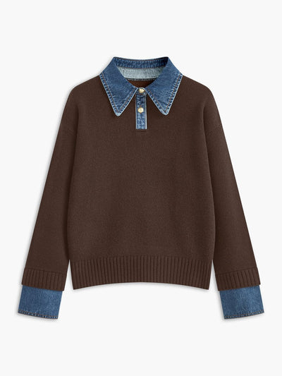 Amelie | Dames 2-in-1 gebreide trui met denimkraag en metalen knopen