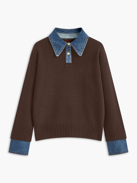 Amelie | Dames 2-in-1 gebreide trui met denimkraag en metalen knopen