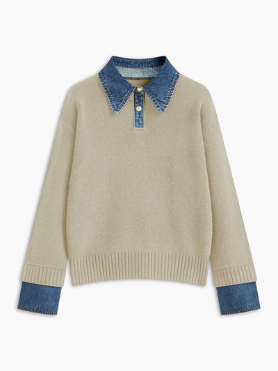 Amelie | Dames 2-in-1 gebreide trui met denimkraag en metalen knopen