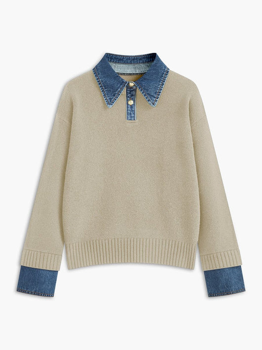 Amelie | Dames 2-in-1 gebreide trui met denimkraag en metalen knopen