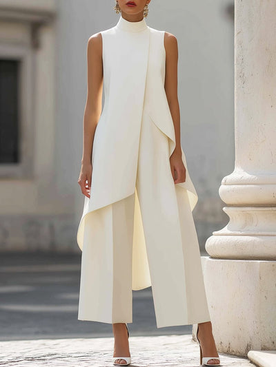 Annika | Mouwloze dames tweedelige set met asymmetrisch paneel, hoge kraag en wijde broek