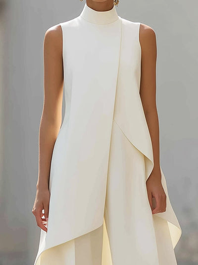 Annika | Mouwloze dames tweedelige set met asymmetrisch paneel, hoge kraag en wijde broek