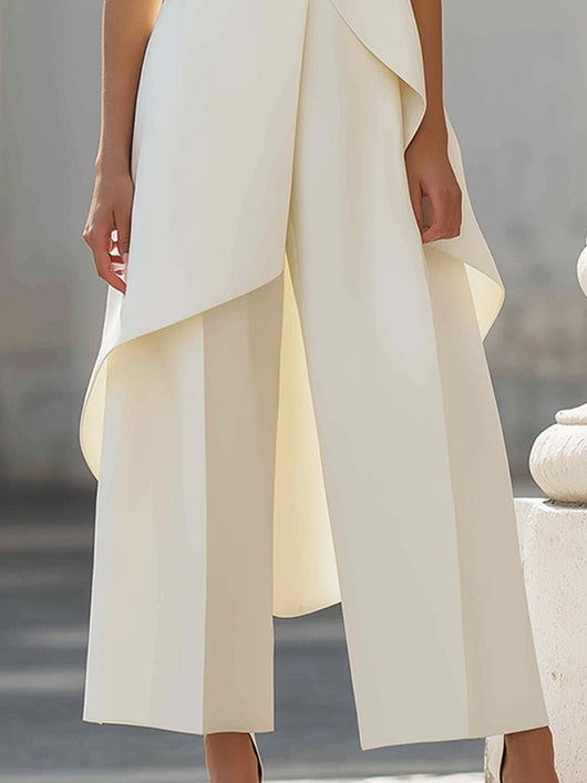 Annika | Mouwloze dames tweedelige set met asymmetrisch paneel, hoge kraag en wijde broek