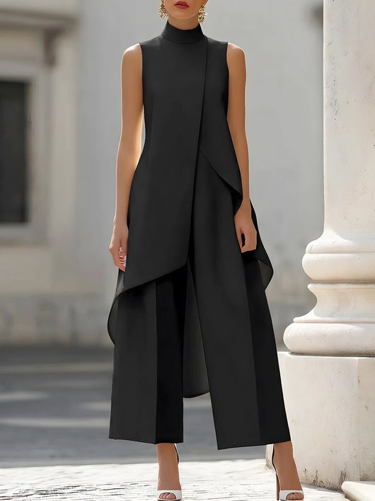 Annika | Mouwloze dames tweedelige set met asymmetrisch paneel, hoge kraag en wijde broek