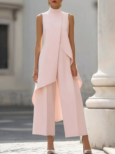 Annika | Mouwloze dames tweedelige set met asymmetrisch paneel, hoge kraag en wijde broek