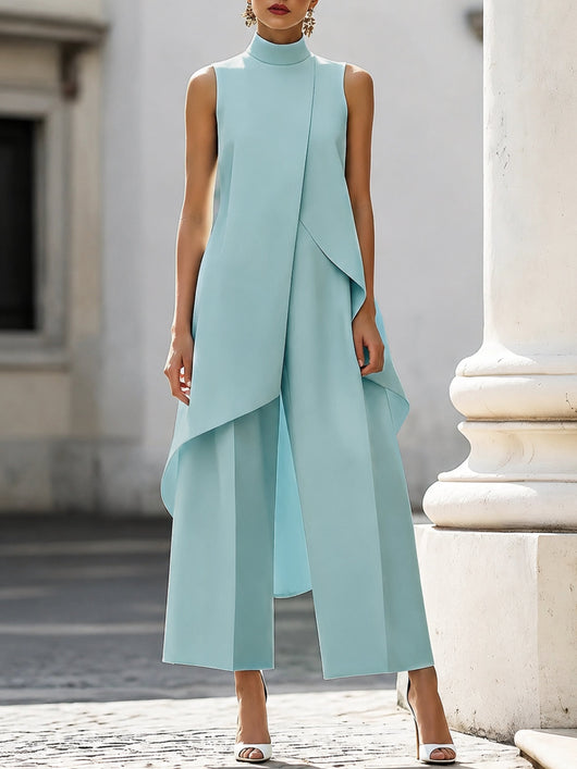 Annika | Mouwloze dames tweedelige set met asymmetrisch paneel, hoge kraag en wijde broek