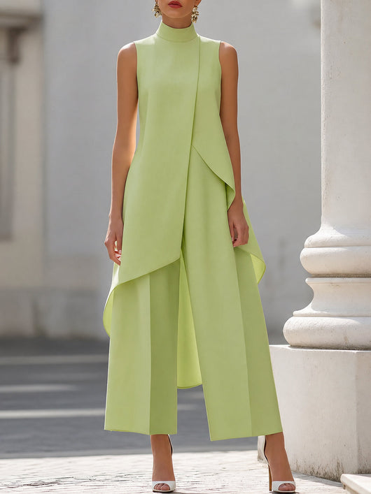 Annika | Mouwloze dames tweedelige set met asymmetrisch paneel, hoge kraag en wijde broek