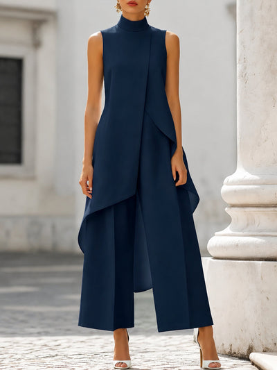 Annika | Mouwloze dames tweedelige set met asymmetrisch paneel, hoge kraag en wijde broek