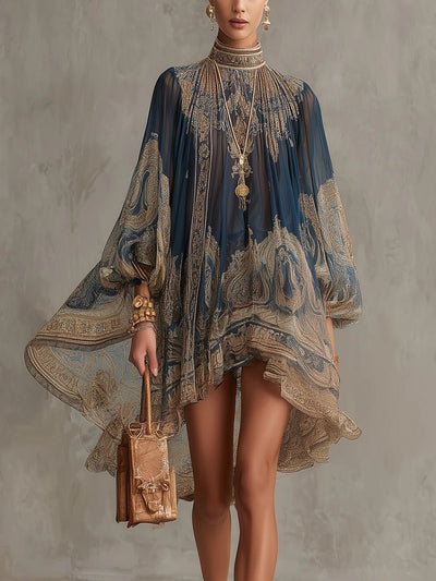 Sophie | Dames chiffon jurk met barokprint, hoge hals en wijde mouwen
