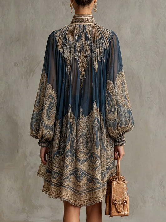 Sophie | Dames chiffon jurk met barokprint, hoge hals en wijde mouwen