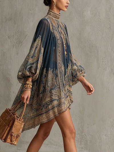 Sophie | Dames chiffon jurk met barokprint, hoge hals en wijde mouwen