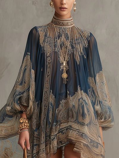 Sophie | Dames chiffon jurk met barokprint, hoge hals en wijde mouwen