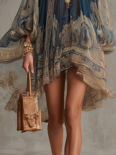Sophie | Dames chiffon jurk met barokprint, hoge hals en wijde mouwen