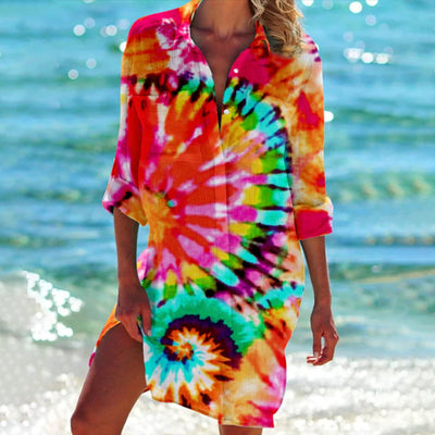 Mia | Losvallende dames blousejurk met lange mouwen en tie-dye print
