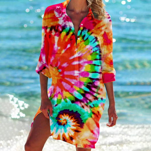 Mia | Losvallende dames blousejurk met lange mouwen en tie-dye print
