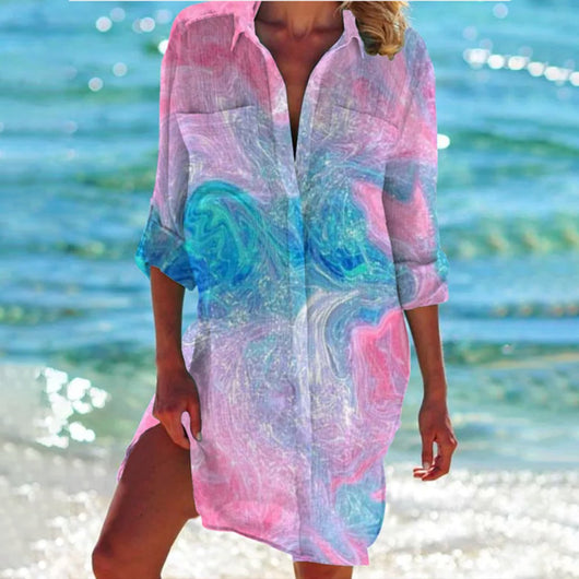 Mia | Losvallende dames blousejurk met lange mouwen en tie-dye print
