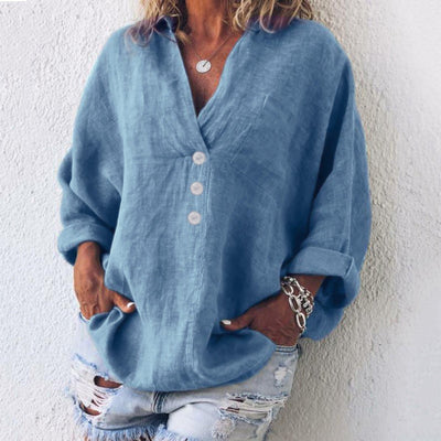 Elfriede | Oversized dames blouse van katoen-linnen met V-hals
