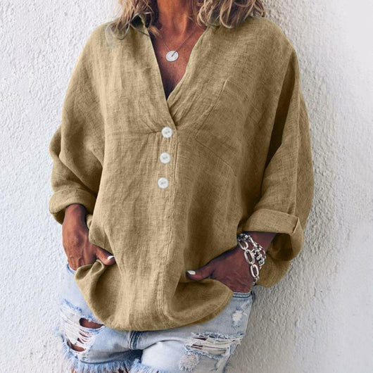 Elfriede | Oversized dames blouse van katoen-linnen met V-hals