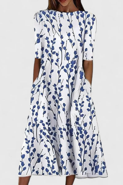 Amelie | Dames katoenen A-lijn midi-jurk met bloemenprint en ronde hals
