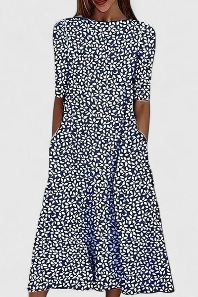 Amelie | Dames katoenen A-lijn midi-jurk met bloemenprint en ronde hals
