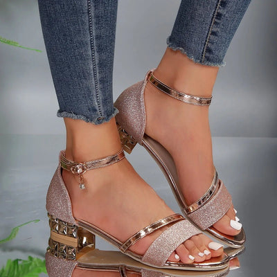 Katharina | Comfortabele dames sandalen met blokhak, enkelbandje en glitter
