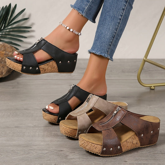 Katharina | Comfortabele dames sandalen met kurkplateau, sleehak en rits