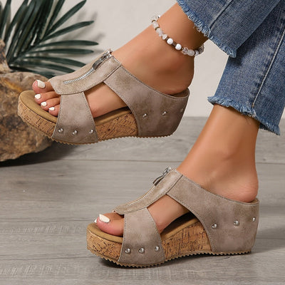 Katharina | Comfortabele dames sandalen met kurkplateau, sleehak en rits