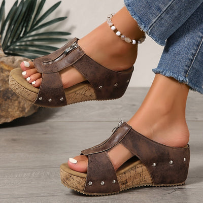 Katharina | Comfortabele dames sandalen met kurkplateau, sleehak en rits