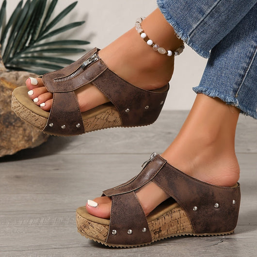 Katharina | Comfortabele dames sandalen met kurkplateau, sleehak en rits