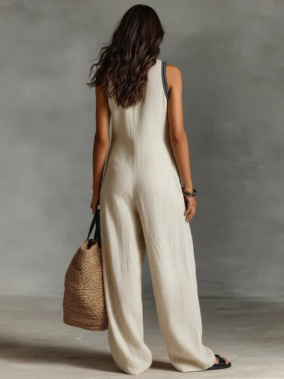 Annika | Mouwloze dames linnen jumpsuit met borduurwerk en opstaande kraag
