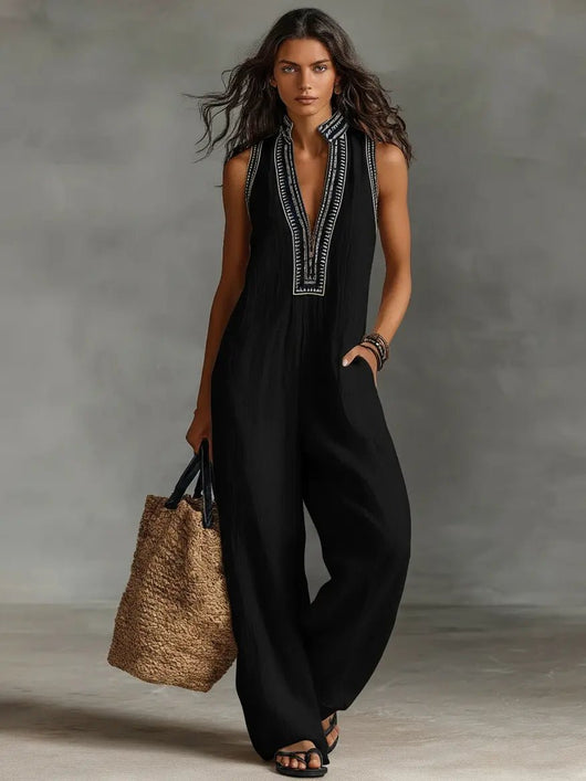 Annika | Mouwloze dames linnen jumpsuit met borduurwerk en opstaande kraag