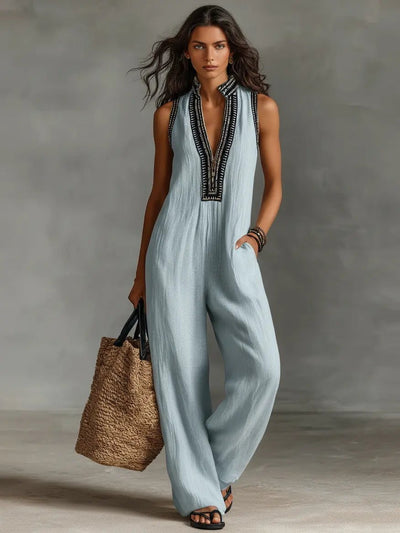 Annika | Mouwloze dames linnen jumpsuit met borduurwerk en opstaande kraag