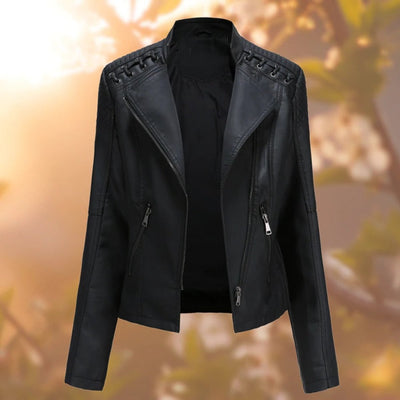 Elisabeth | Dames bikerjack van imitatieleer met rits en schouderdetail