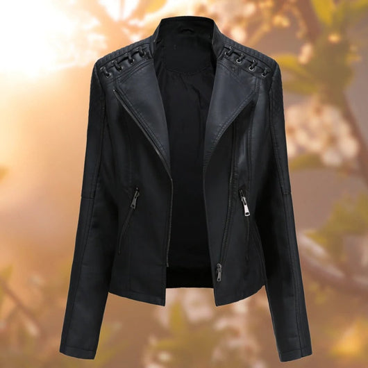 Elisabeth | Dames bikerjack van imitatieleer met rits en schouderdetail