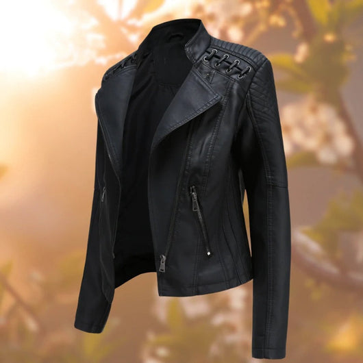 Elisabeth | Dames bikerjack van imitatieleer met rits en schouderdetail